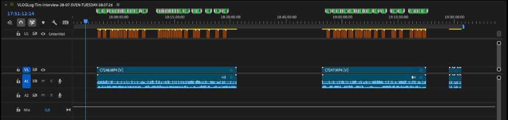 Premiere Pro Timeline mit VLOGLog-Markern und Untertiteln